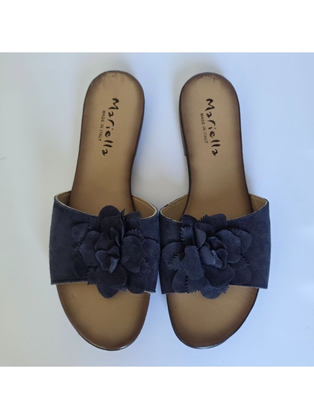 Mariella Made in Italy Navy Suede Floral Slide Sandals 3D Flower Boho. Size 9.5